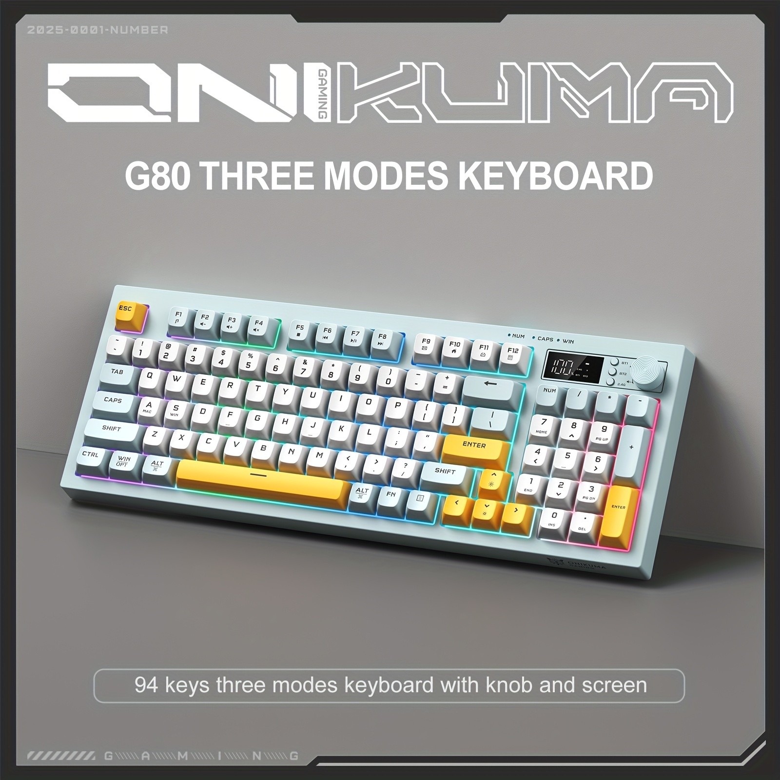 ONIKUMA Wireless Keyboard 94 Membrane Keys, LCD Screen, Multi-Function Knob, Ergonomic Design