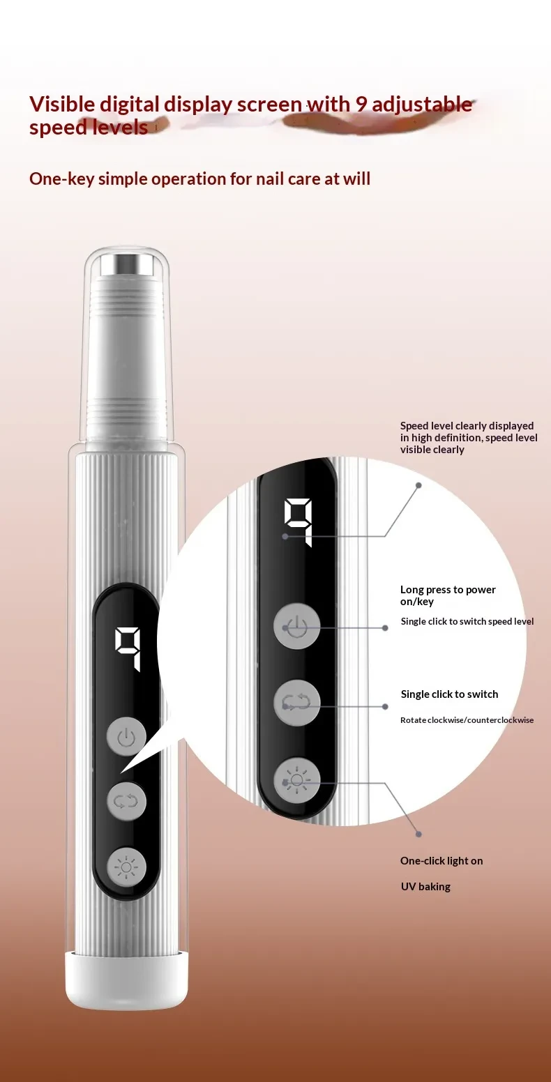 2-in-1 Electric Nail Grinder With LED Light Handheld Rechargeable Manicure Polishing Machine