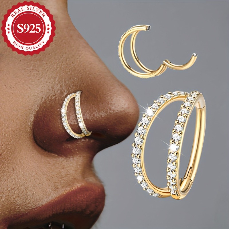 SOL COLL Women's Double-Layered Shiny Synthetic Zirconia Nose Ring & Ear Cuff