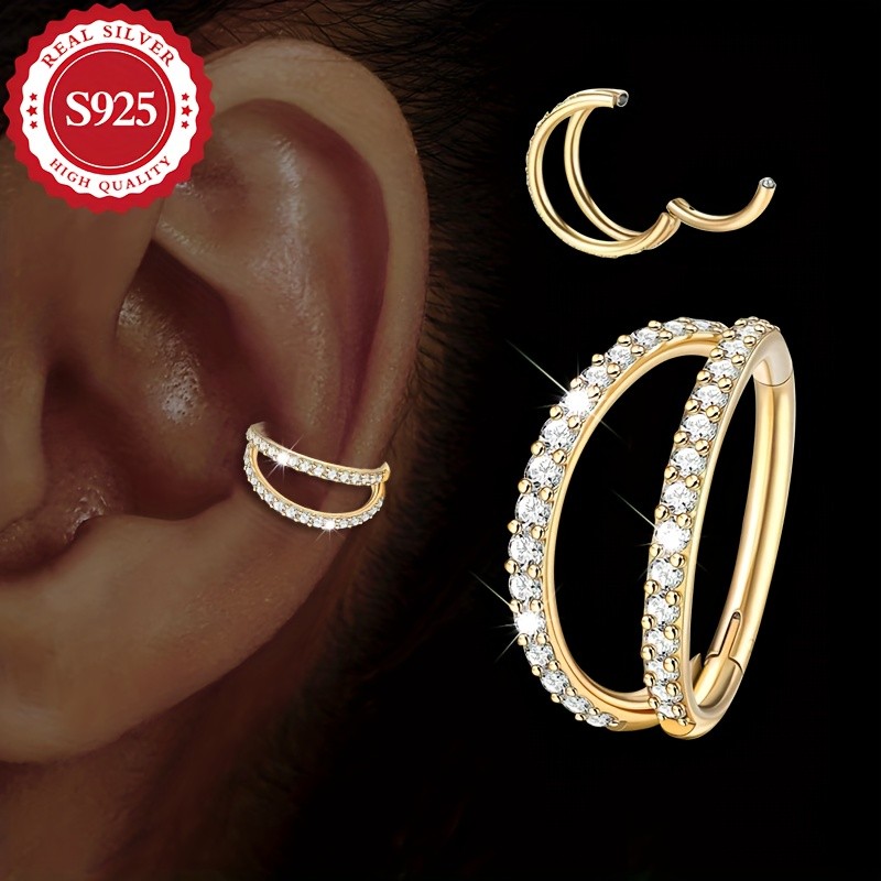 SOL COLL Women's Double-Layered Shiny Synthetic Zirconia Nose Ring & Ear Cuff