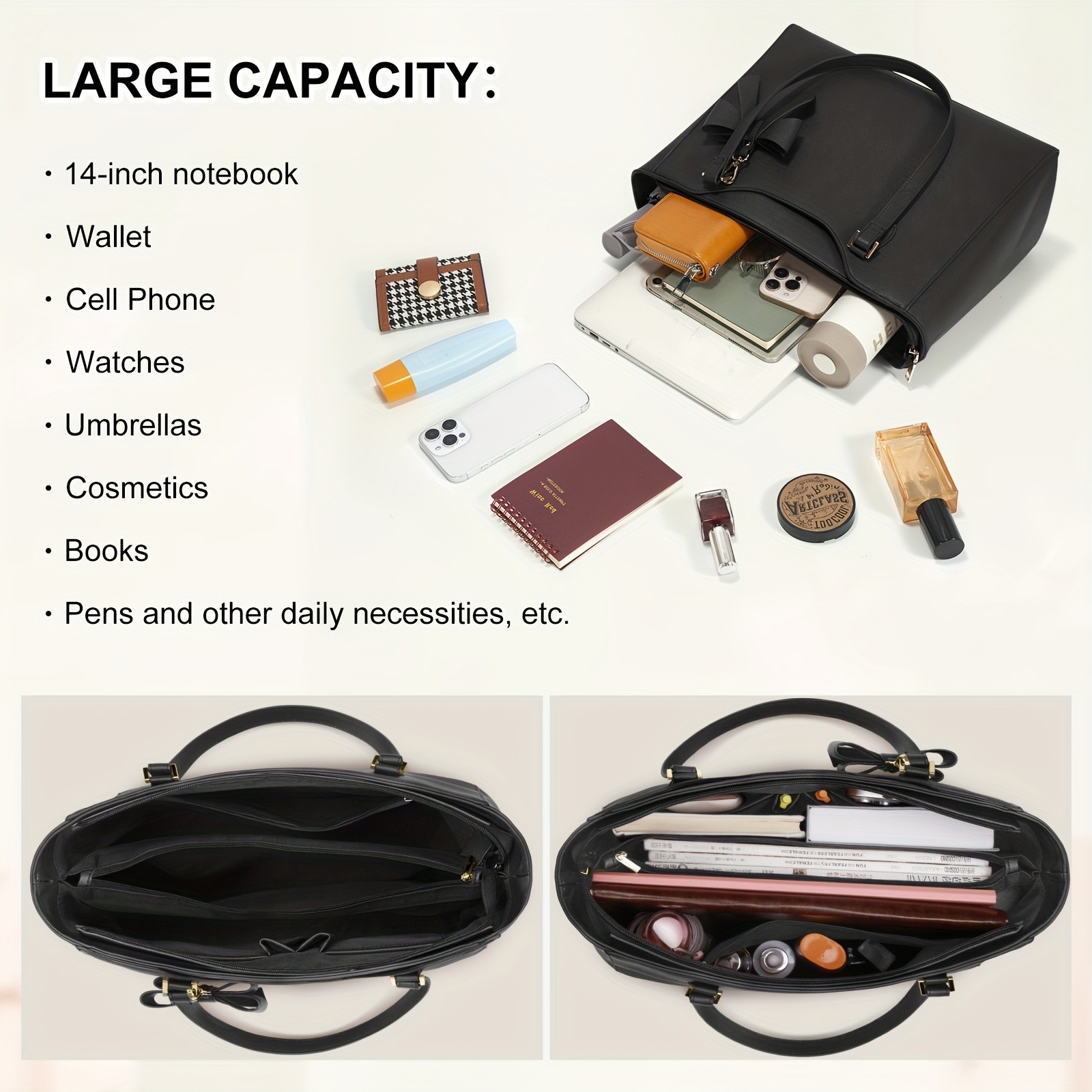 KTMOUW Laptop Bags for Women  Large Capacity Tote Bag, Job Hunting, A4 Support, Self-Supporting Design, Formal Shoulder Bag with Bow Tie