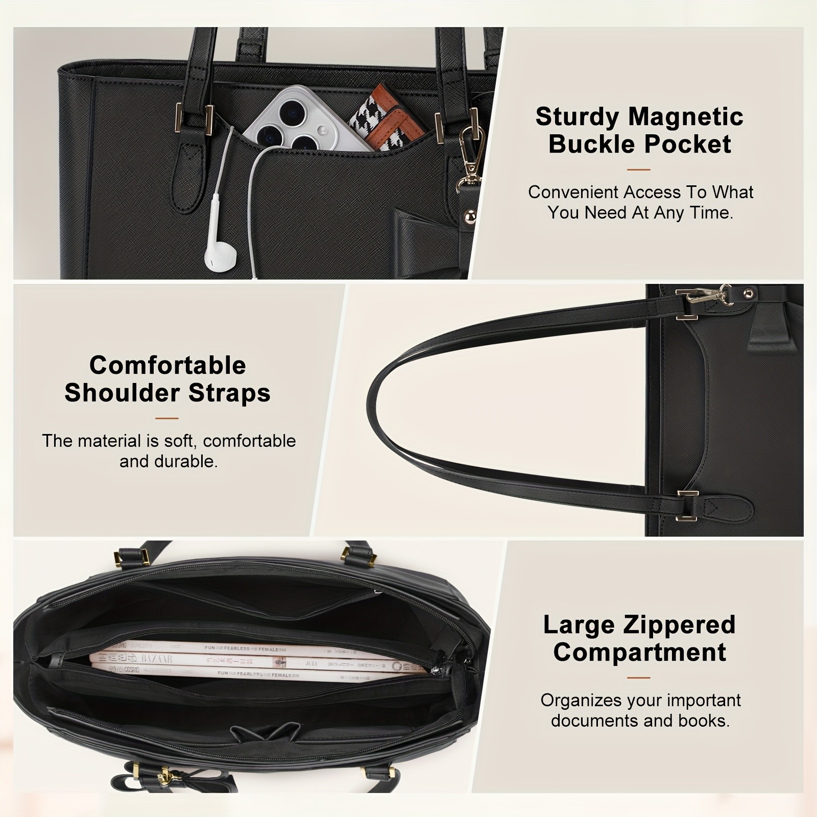 KTMOUW Laptop Bags for Women  Large Capacity Tote Bag, Job Hunting, A4 Support, Self-Supporting Design, Formal Shoulder Bag with Bow Tie