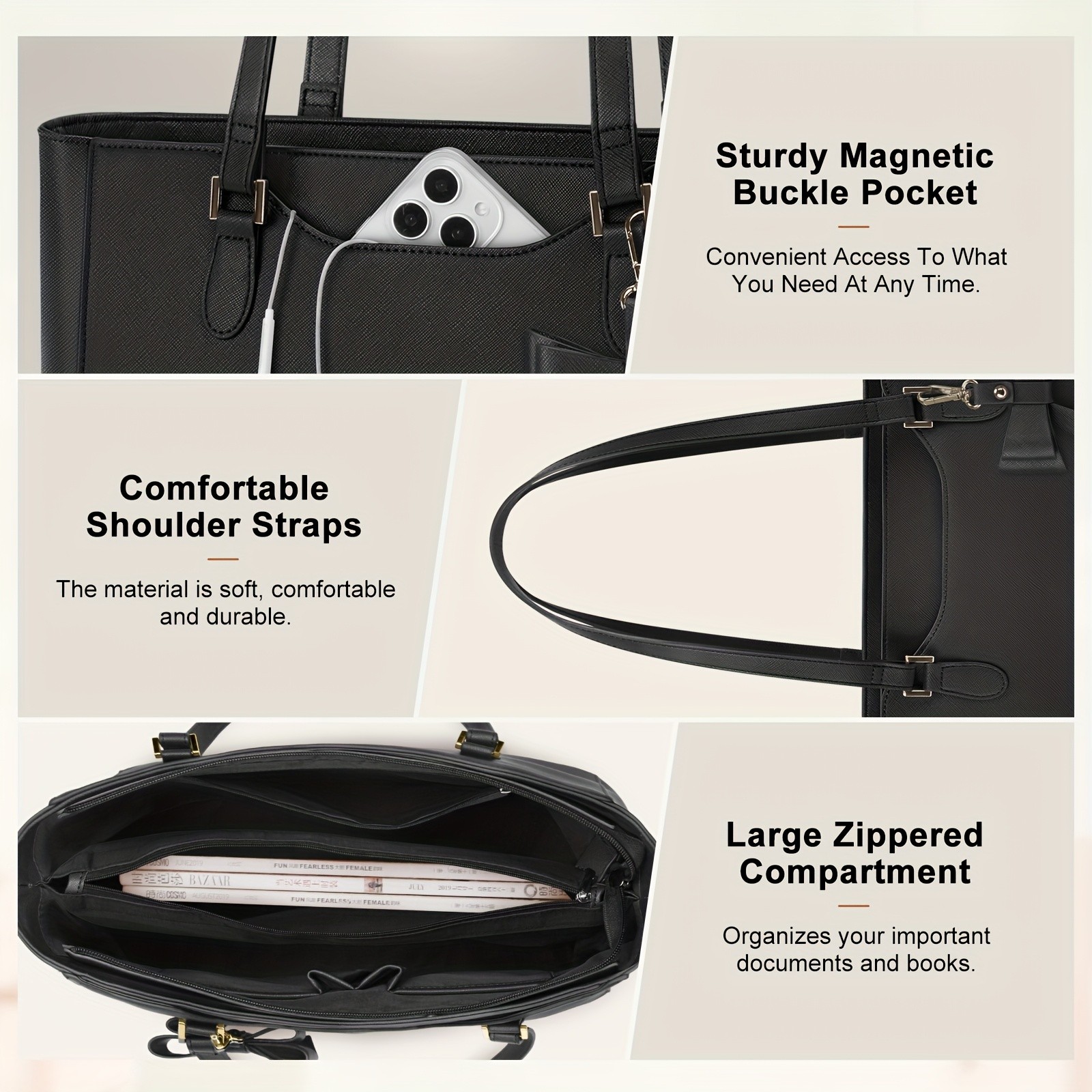 KTMOUW Womens Large Capacity Tote Bag  14-Inch Laptop Bag, Golden-Tone Hardware, Black Bow Accent, Zipper Closure