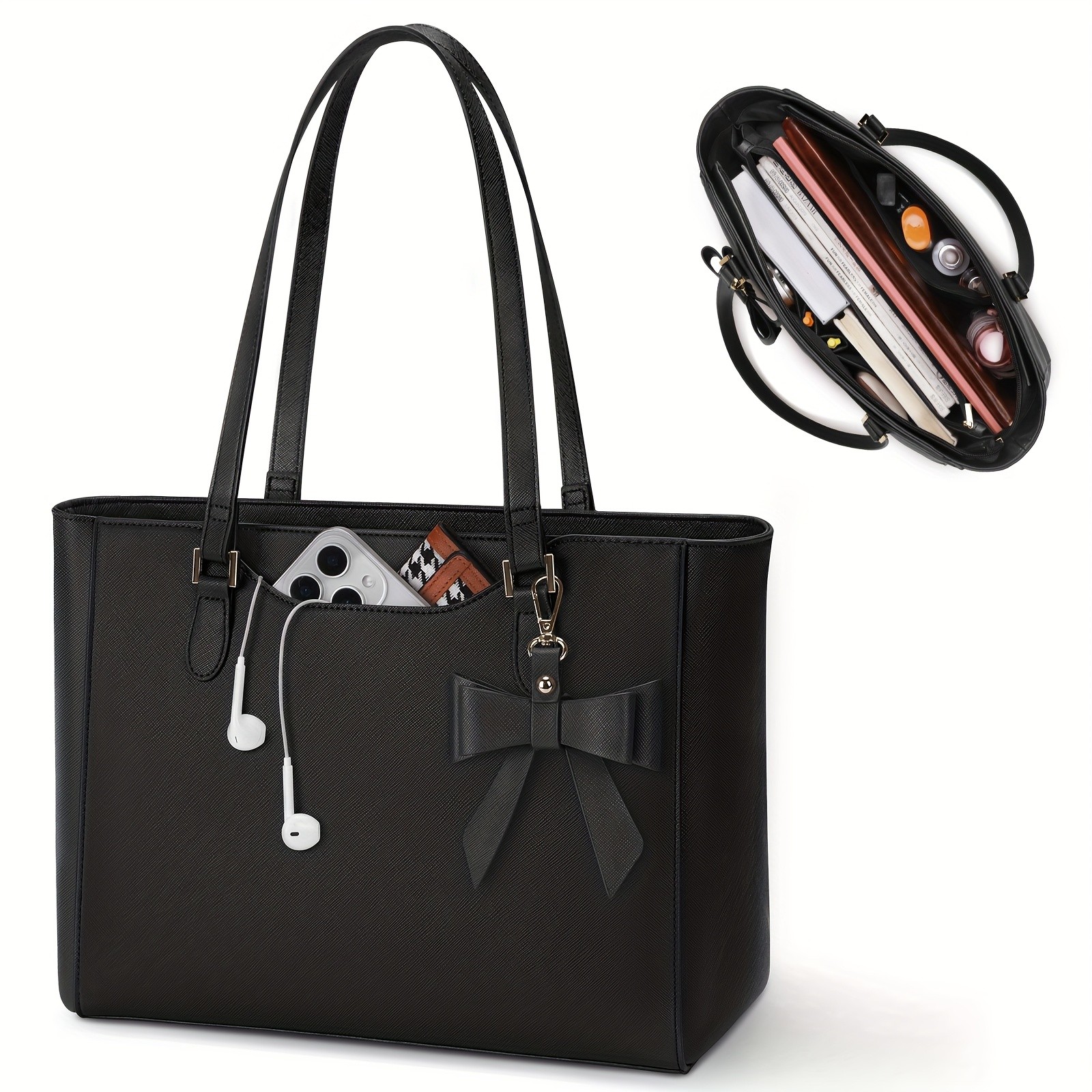 KTMOUW Womens Large Capacity Tote Bag  14-Inch Laptop Bag, Golden-Tone Hardware, Black Bow Accent, Zipper Closure