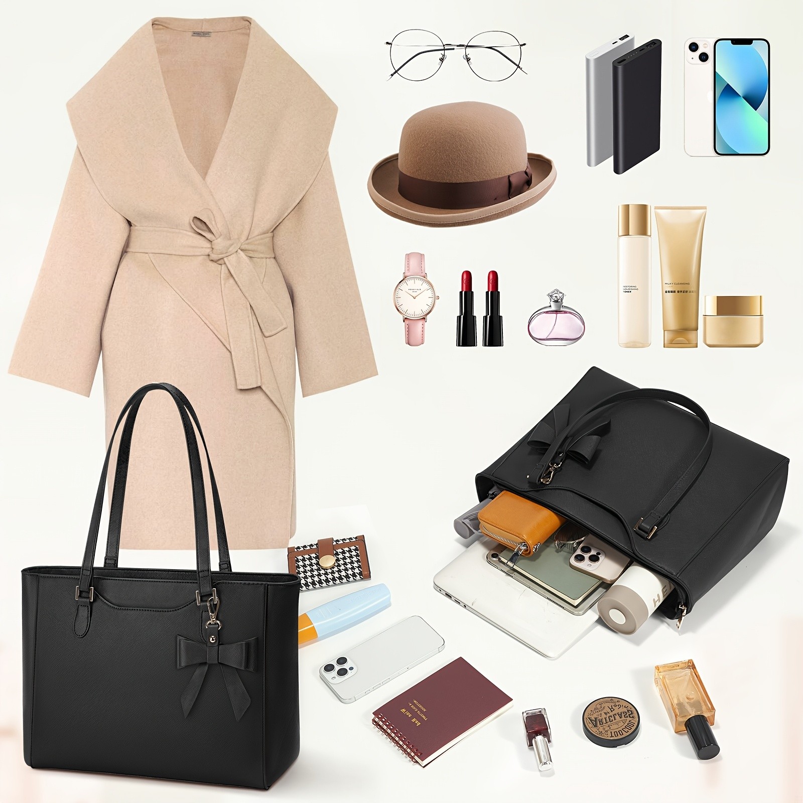 KTMOUW Womens Large Capacity Tote Bag  14-Inch Laptop Bag, Golden-Tone Hardware, Black Bow Accent, Zipper Closure