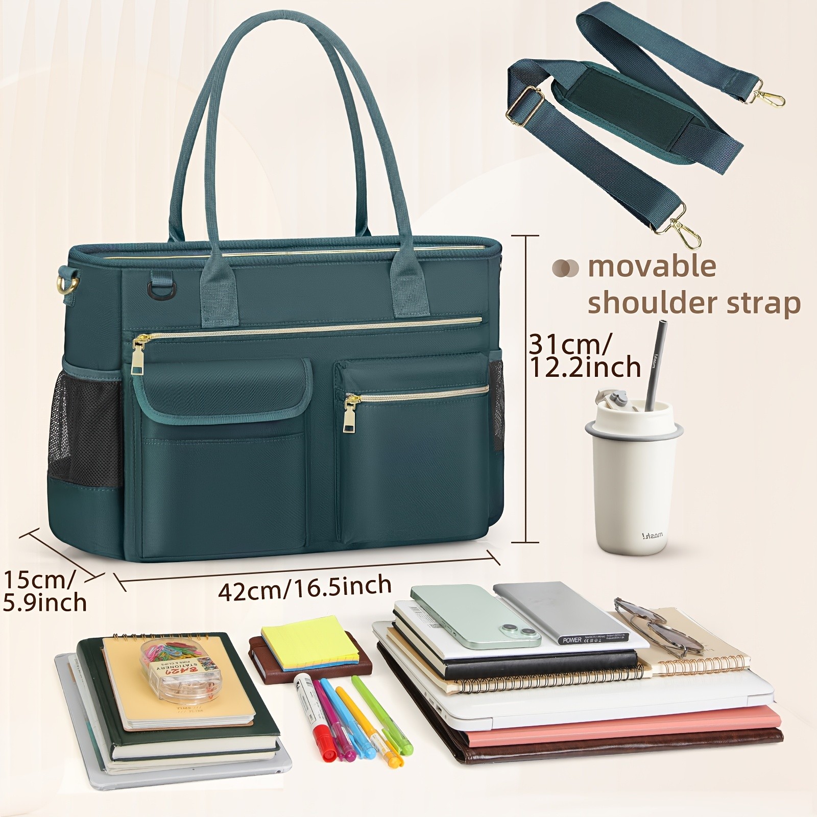 KTMOUW Laptop Bag for Women  Stylish Dark Green Tote, Adjustable Strap, Zipper Closure, Ideal for Teachers & Professionals