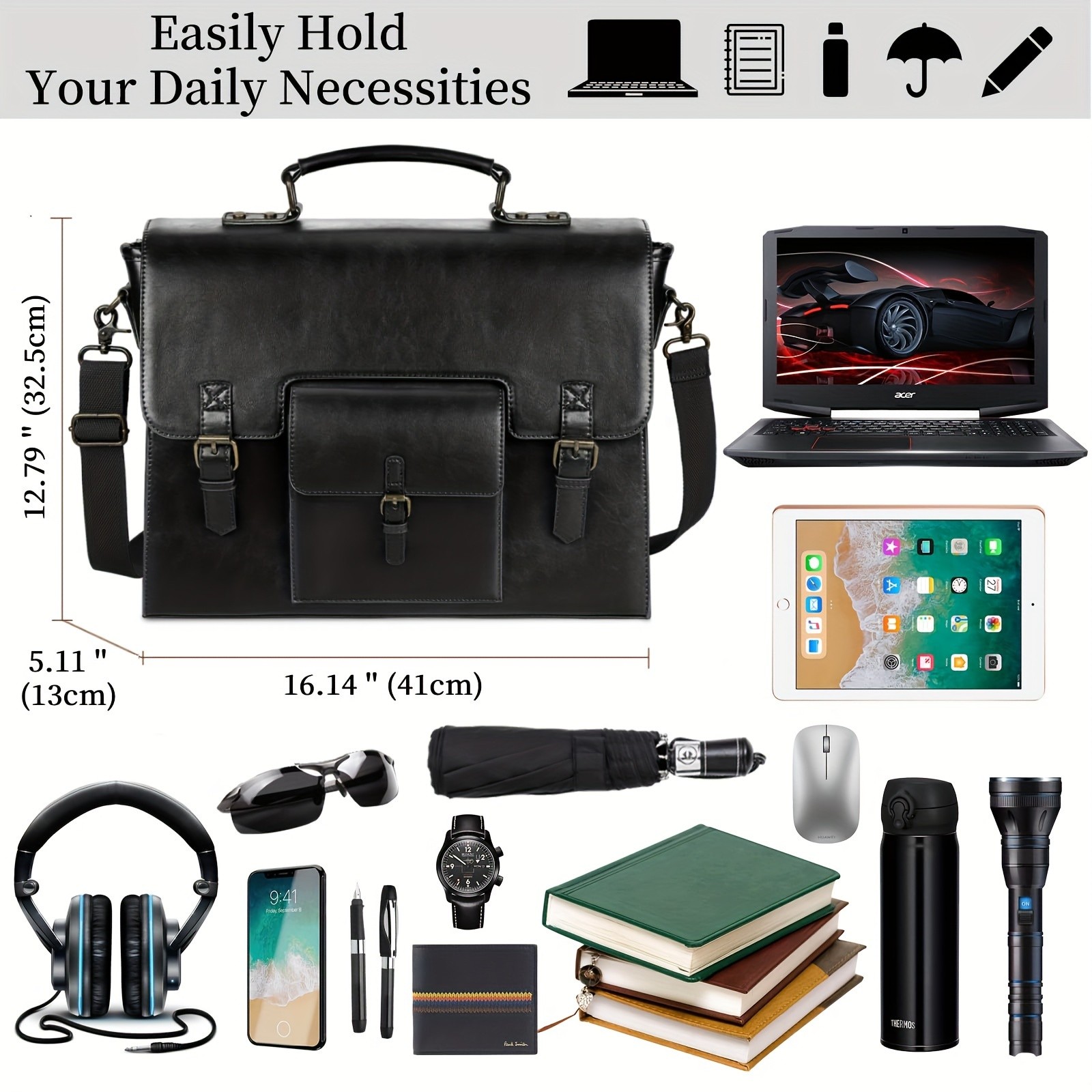 KTMOUW Mens Vintage Briefcase  39.62cm Laptop Messenger Bag, Adjustable Shoulder Strap, Zipper Closure, Office & Travel Use