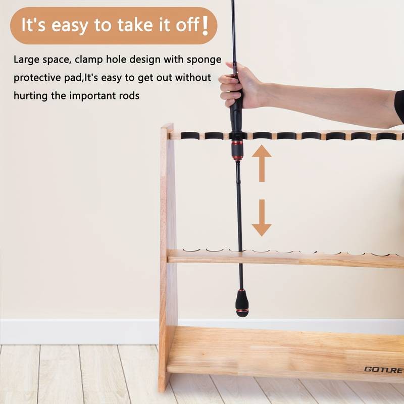 Goture 1pc Wooden 10-Hole Fishing Rod Holder with Sponge Clamp Design  Durable Storage Solution for Your Fishing Gear