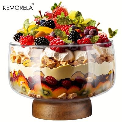 KEMORELA Large Glass Cake Bowl with Elegant Wooden Stand  The Perfect Display for Cakes, Desserts, and More
