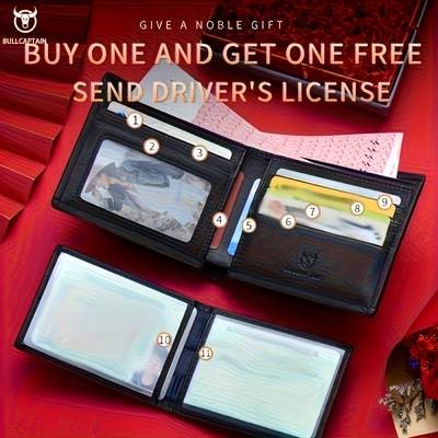 BULLCAPTAIN Custom Mens Genuine Leather Wallet  Luxury Business Style with Golden-Tone Hardware and Large Capacity