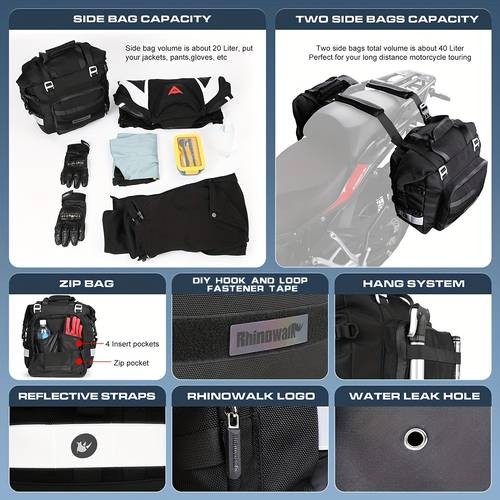 Rhinowalk 20L Motorcycle Saddle Bag  Quick-Release Detachable Storage for Travel & Riding Accessories