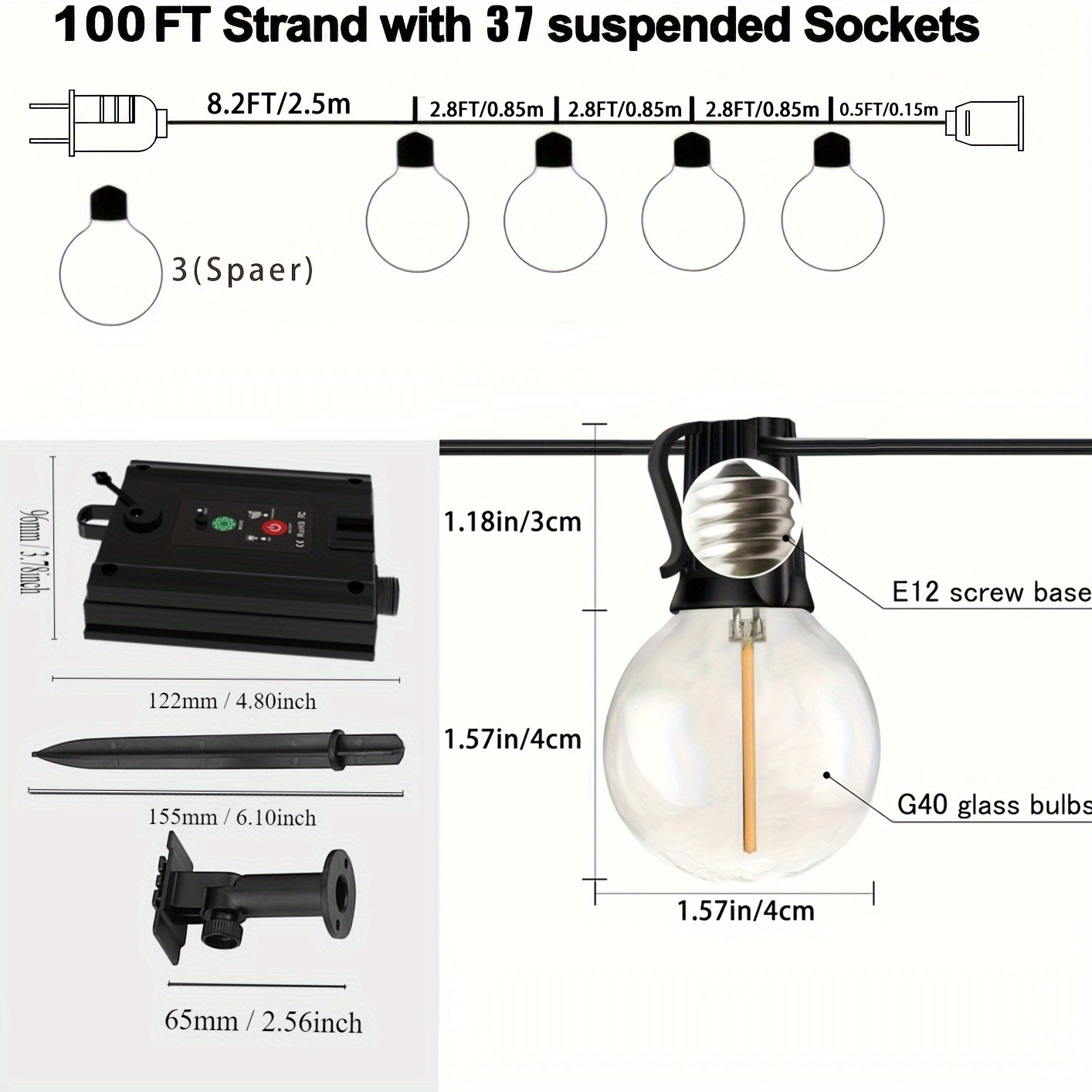 FIBRAVE Solar Powered G40 String Lights with Remote Control