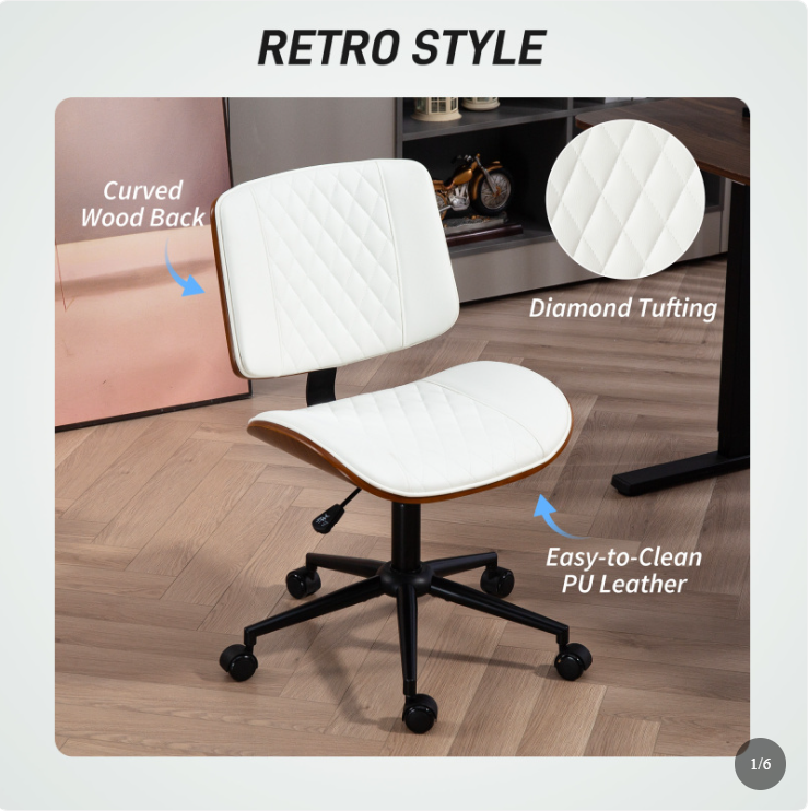 Home Office Chair No Arms With Wheels, PU Leather Desk Chair With Adjustable Height, 360 Swivel For Reading, White