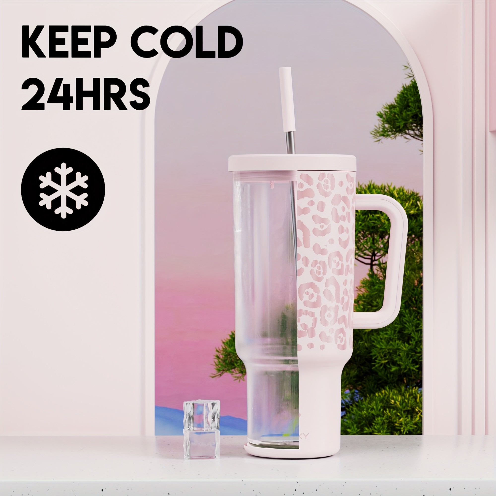 MEOKY 40oz Stainless Steel Round Handle Cup with Leopard Print and Snowflake Design