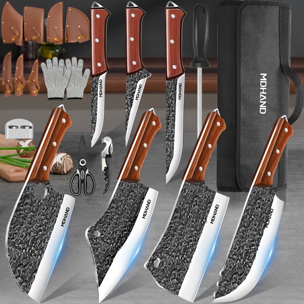KEPEAK 14pcs Professional Butcher Knife Set with Roll Bag