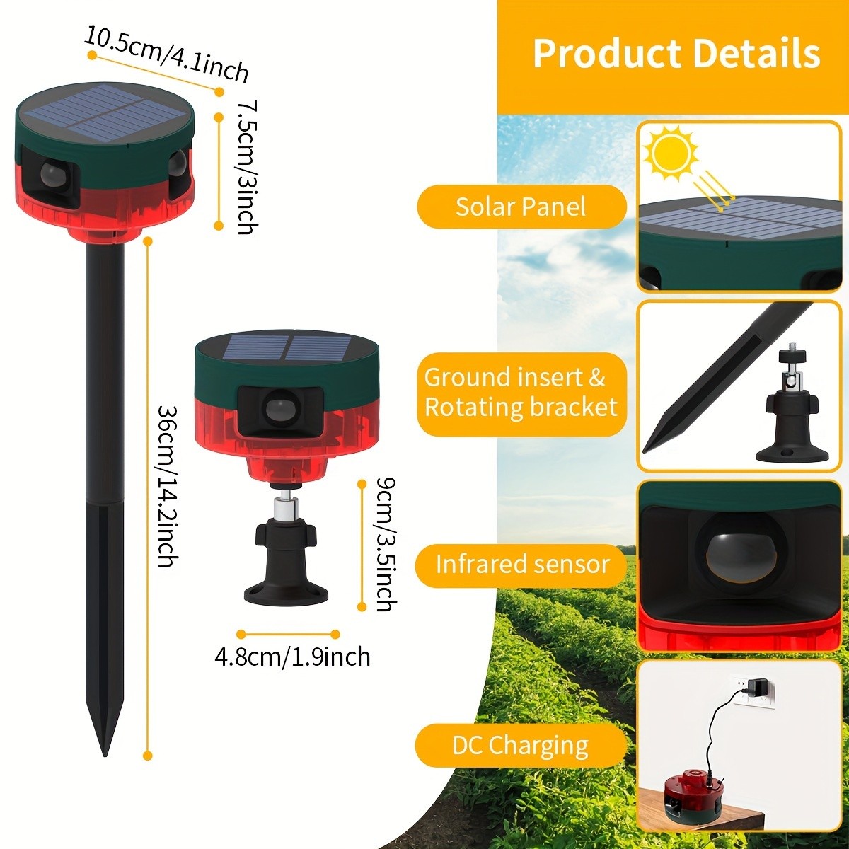 RUOCIN 360-Degree Solar Animal Repeller with 13 Built-In Effects and Recording Function