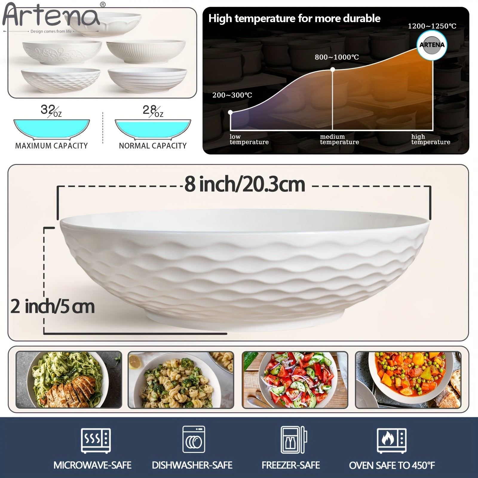 ARTENA 4pcs Large Ceramic Pasta Bowls