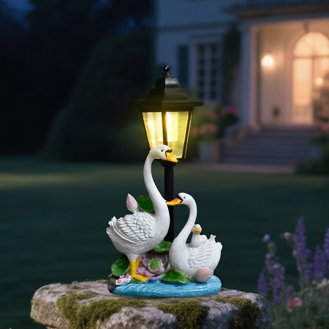OTDECOR Solar-Powered LED Swan Family Outdoor Statue