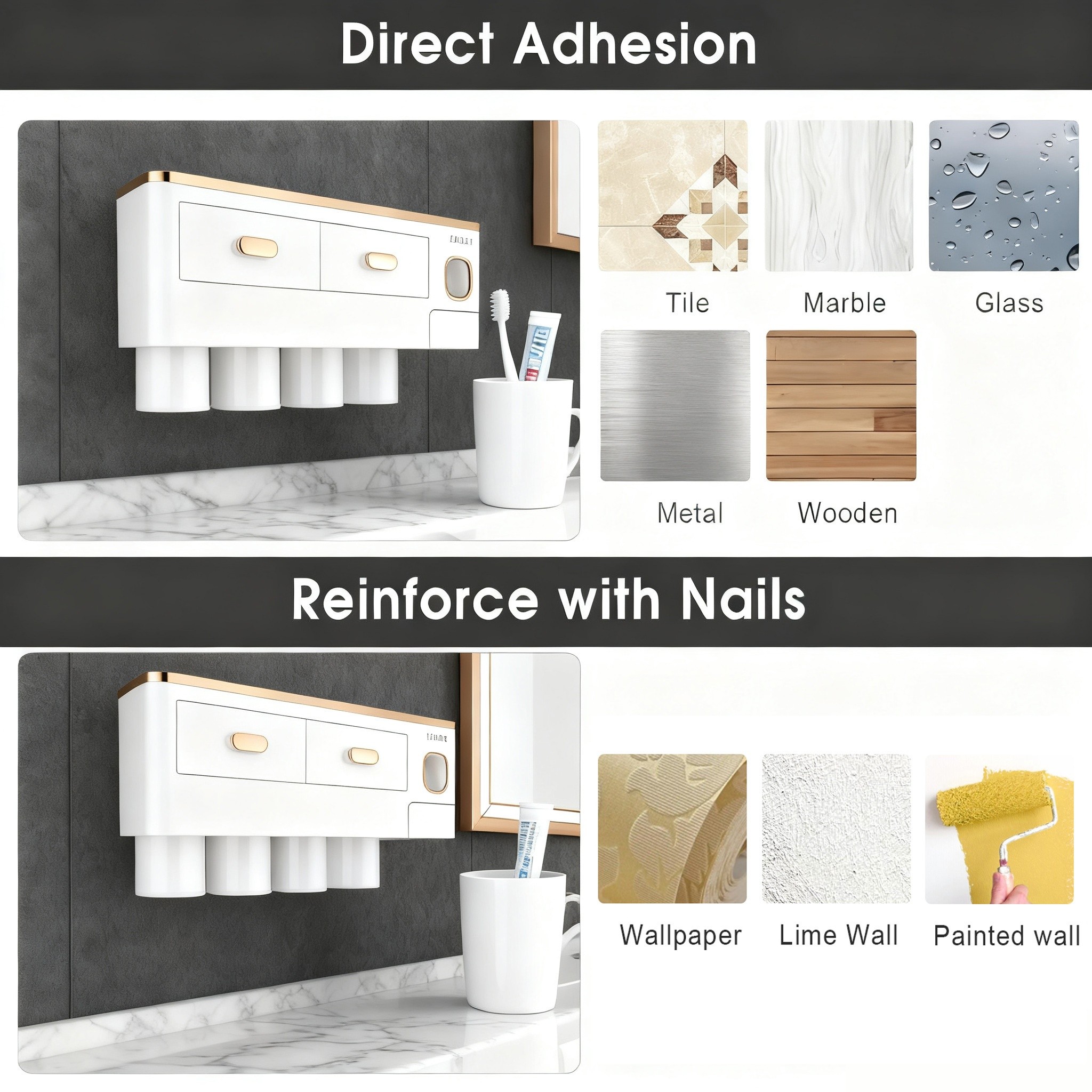 iHave Wall-Mounted Toothbrush Holder with Toothpaste Dispenser & Large Capacity Tray