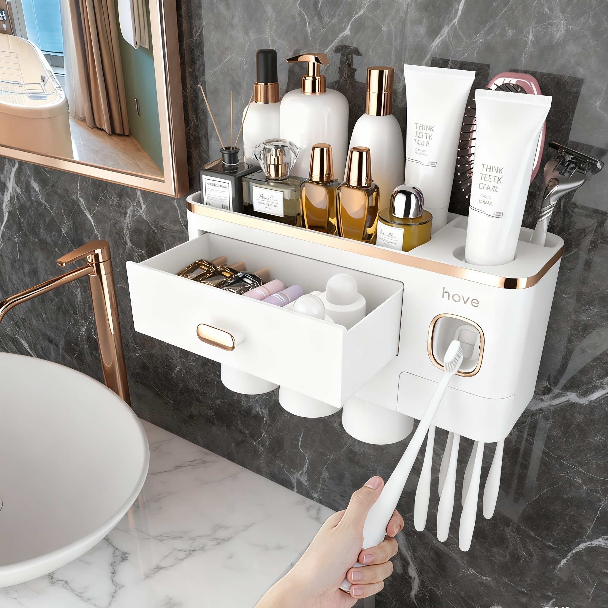 iHave Wall-Mounted Toothbrush Holder with Toothpaste Dispenser & Large Capacity Tray