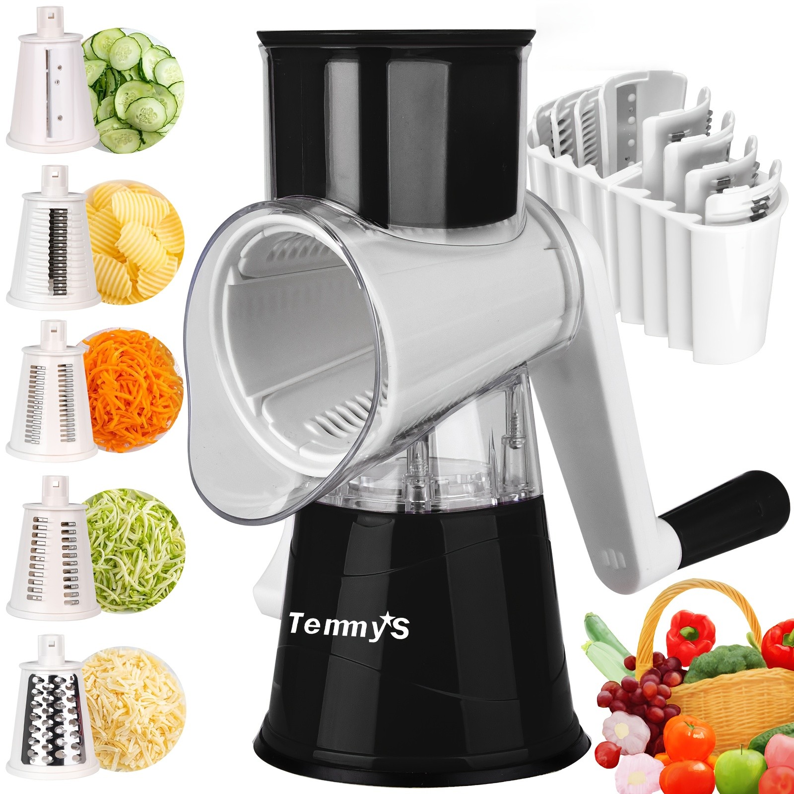 TEMMYS 5-in-1 Rotary Cheese Grater and Slicer