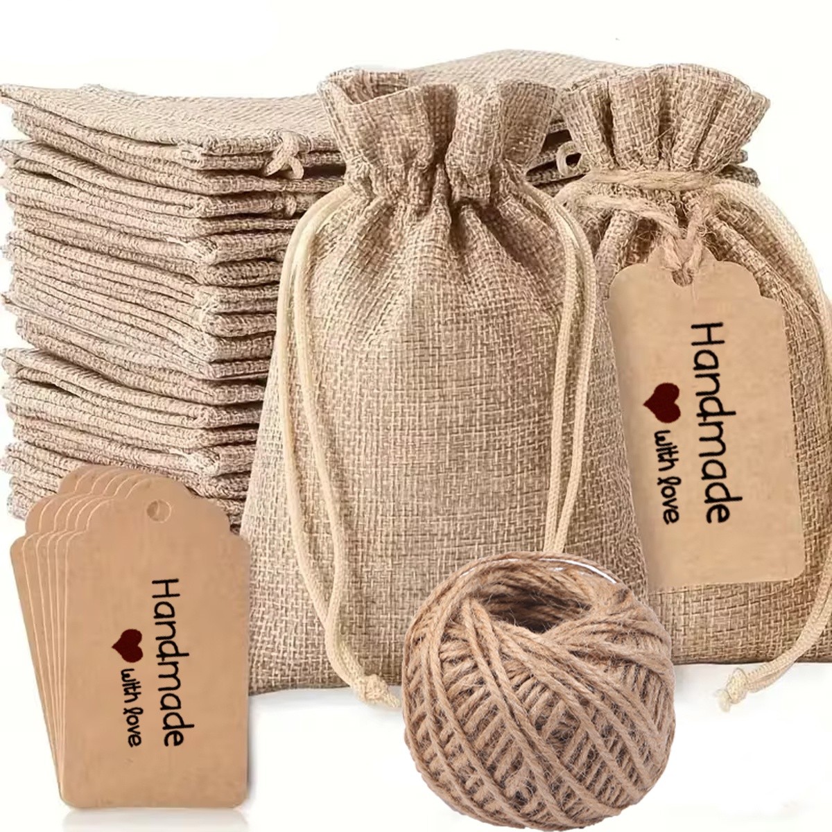 100pcs Hemp Rope Bags with 50M/roll Hemp Rope and 100pcs Card Labels