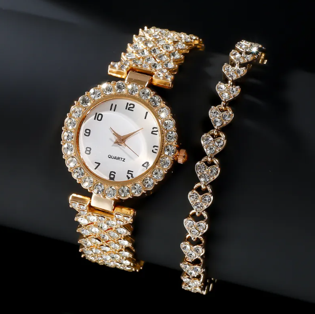 Fashion Jewelry 2pcs Luxury Fashion Women Watch Set Silver Strap Ladies Quartz Wristwatch Alloy Bracelet For Ladies Jewelry Set Clock Gift