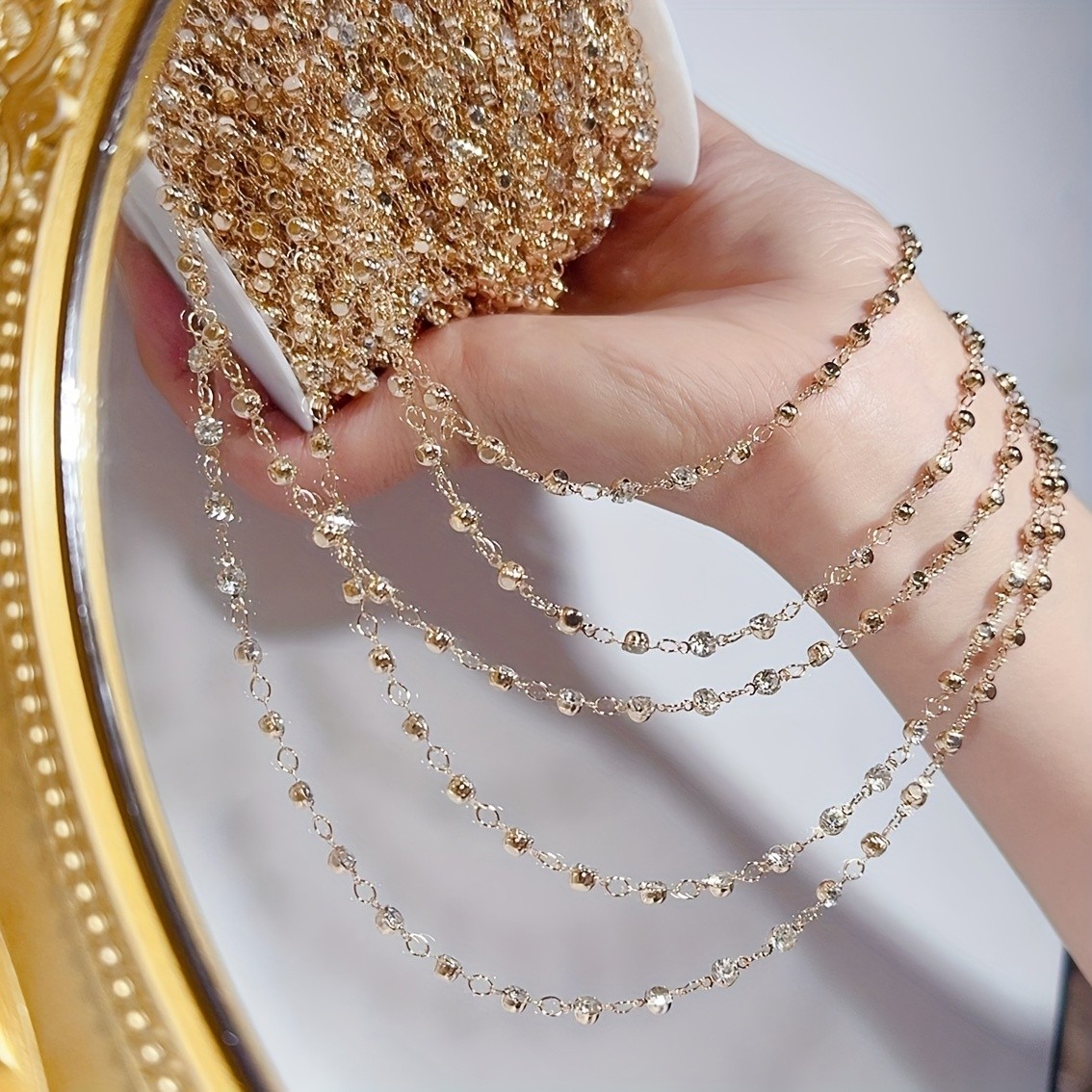 1-Meter Transparent Glass Bead Chain with Rhinestone Inlay