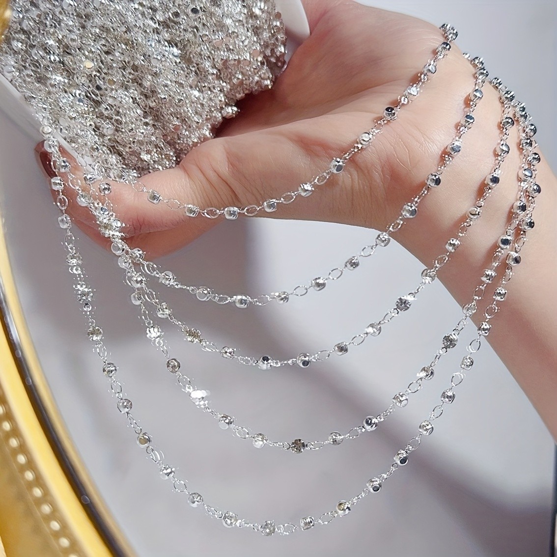 1-Meter Transparent Glass Bead Chain with Rhinestone Inlay