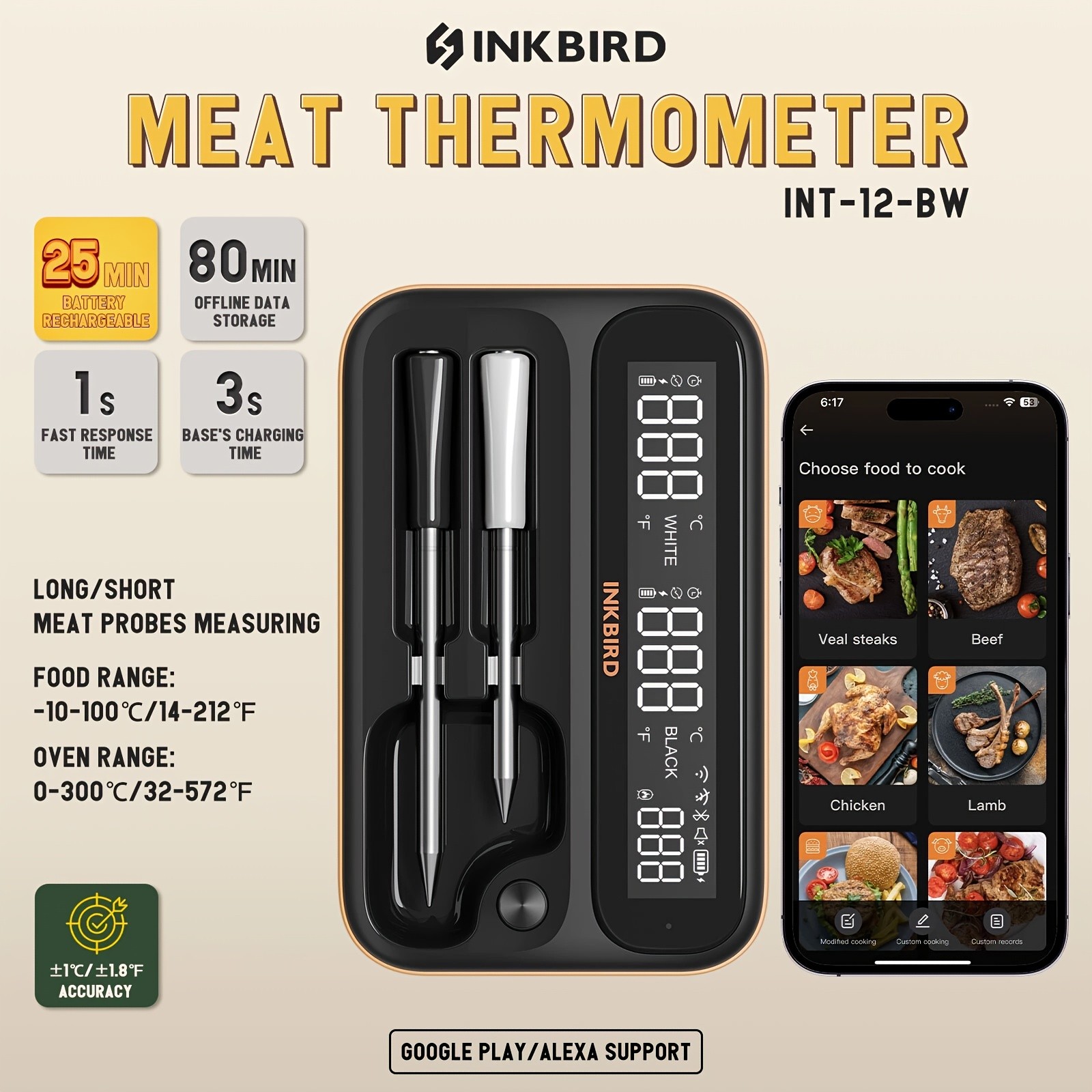 INKBIRD Wireless Cooking Meat Thermometer INT-12-BW