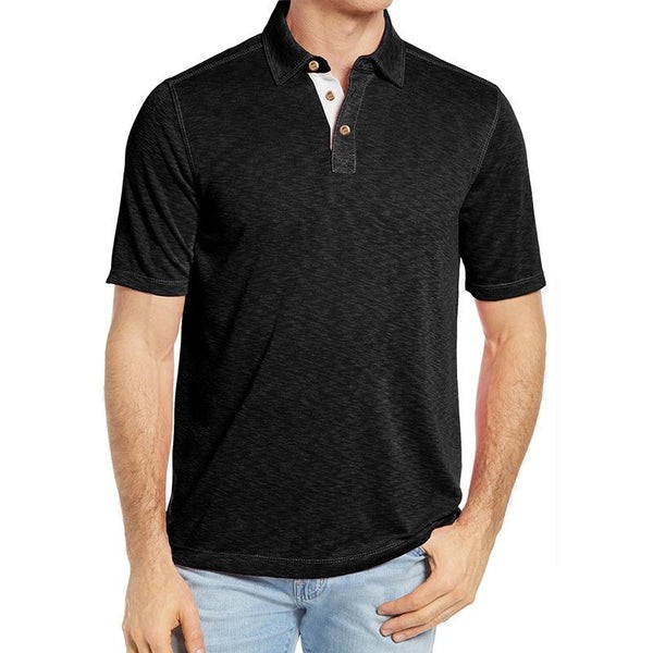 Men's Casual Cotton Polo Shirt with Contrast Lapel - Short Sleeve