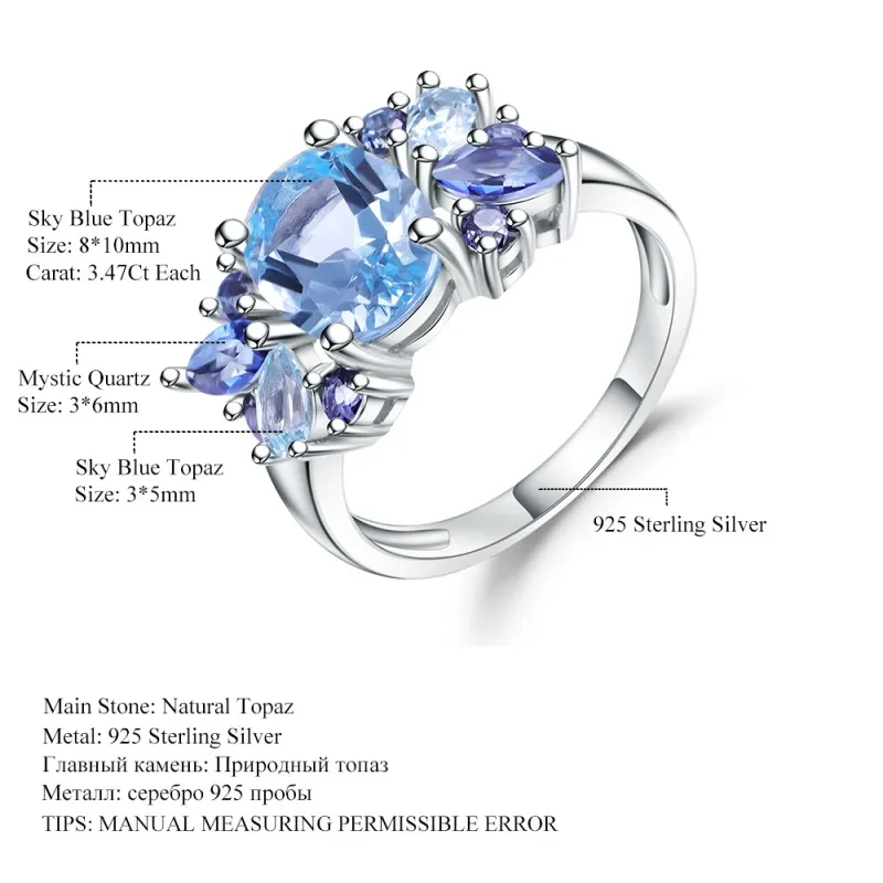 S925 Sterling Silver Natural Topaz Gemstone Ring Elegant Blue Statement Jewelry
