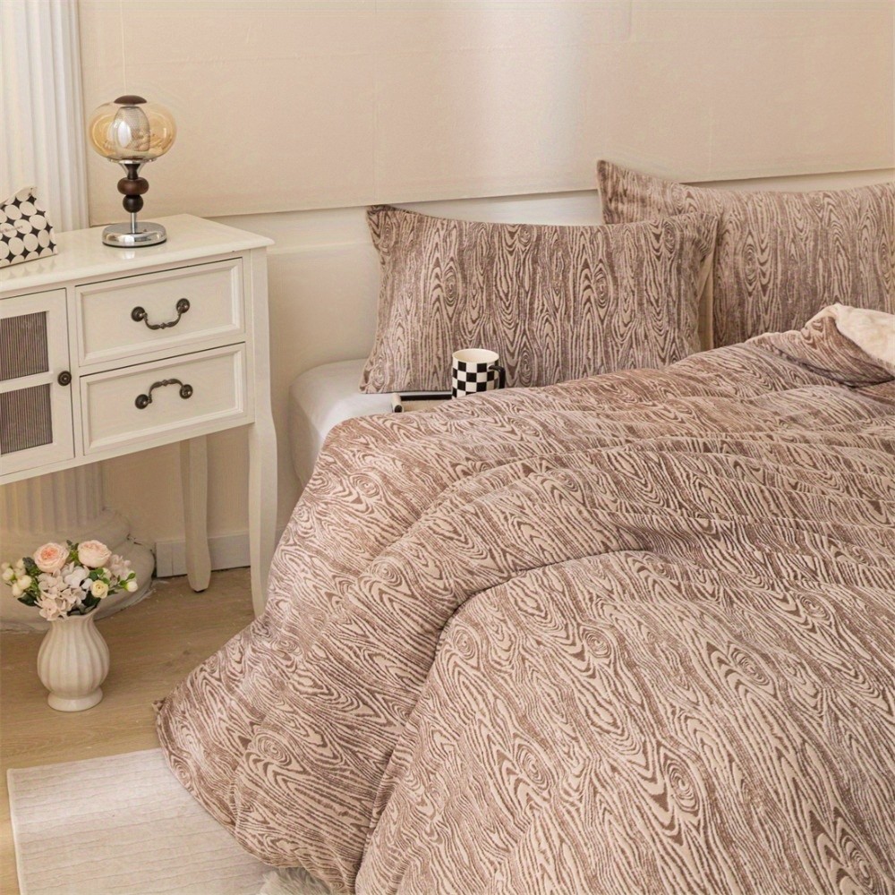 HERTALK Three-Piece Winter Thickened Brown Annual Ring Pattern Short Down Duvet Cover Set