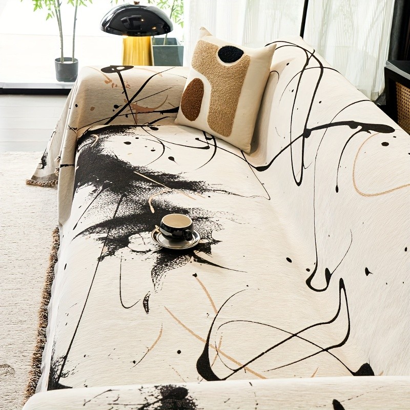 TIANXINBAOBEI Modern Ink Painting Pattern Sofa Cover Towel  100% Polyester, Pet-Friendly, Dustproof Slipcover for Armchairs, Loveseats, 3-Seater, and 4-Seater Sofas