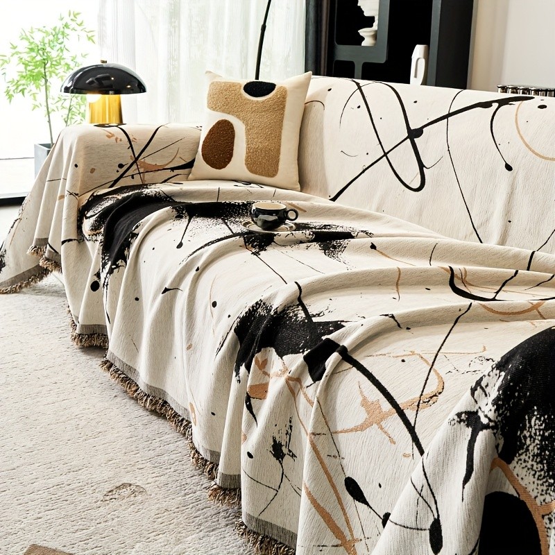 TIANXINBAOBEI Modern Ink Painting Pattern Sofa Cover Towel  100% Polyester, Pet-Friendly, Dustproof Slipcover for Armchairs, Loveseats, 3-Seater, and 4-Seater Sofas