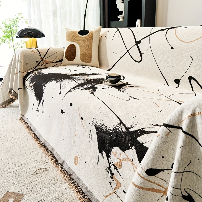 TIANXINBAOBEI Modern Ink Painting Pattern Sofa Cover Towel  100% Polyester, Pet-Friendly, Dustproof Slipcover for Armchairs, Loveseats, 3-Seater, and 4-Seater Sofas
