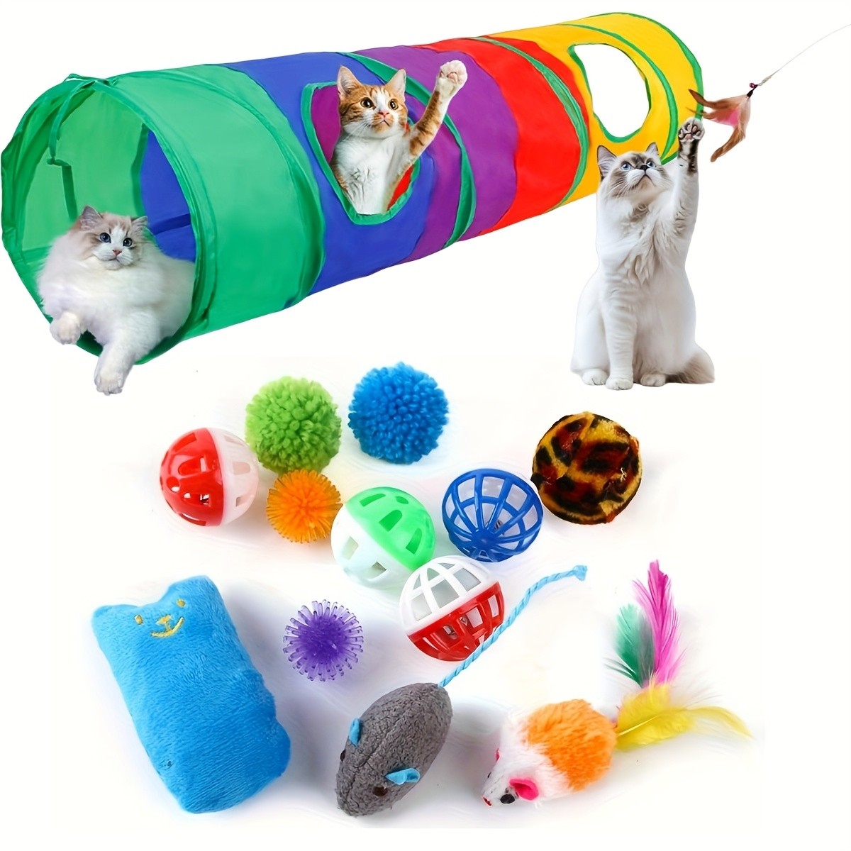 SUNGDOGIN 13pcs Cat Toys Kit with Rainbow Tunnel