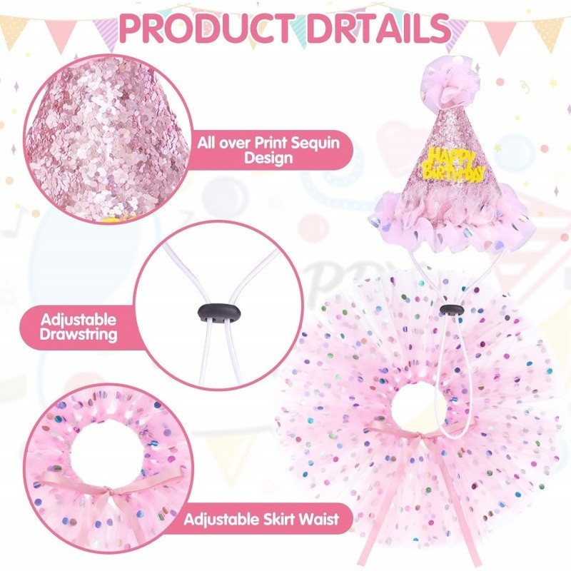 REALIKE Cute Pink Dress, Bandana, and Hat for Dog Birthday