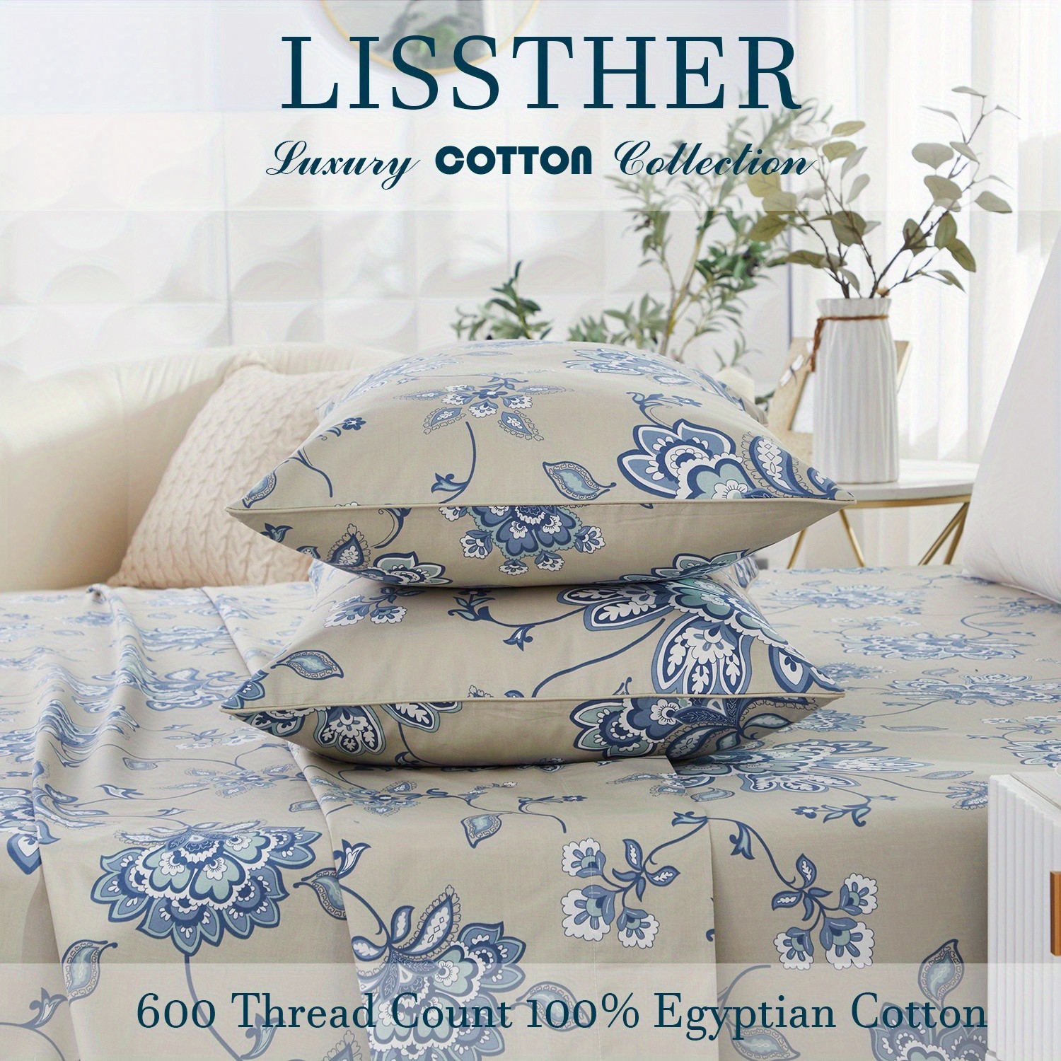 LISSTHER 4pcs 600 Thread Count 100% Egyptian Cotton Fitted Sheet Set