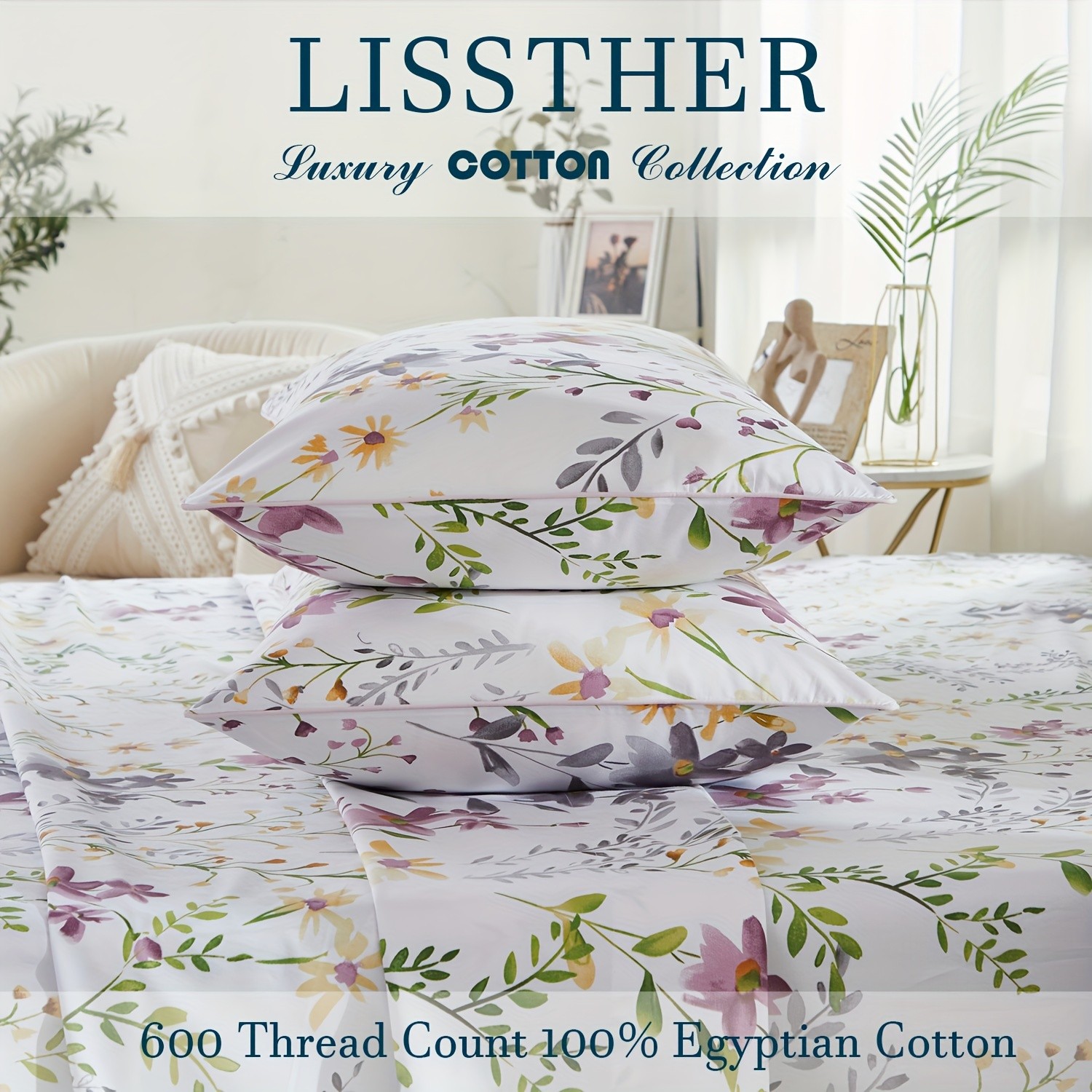 LISSTHER 3pcs 600 Thread Cotton Duvet Cover Set