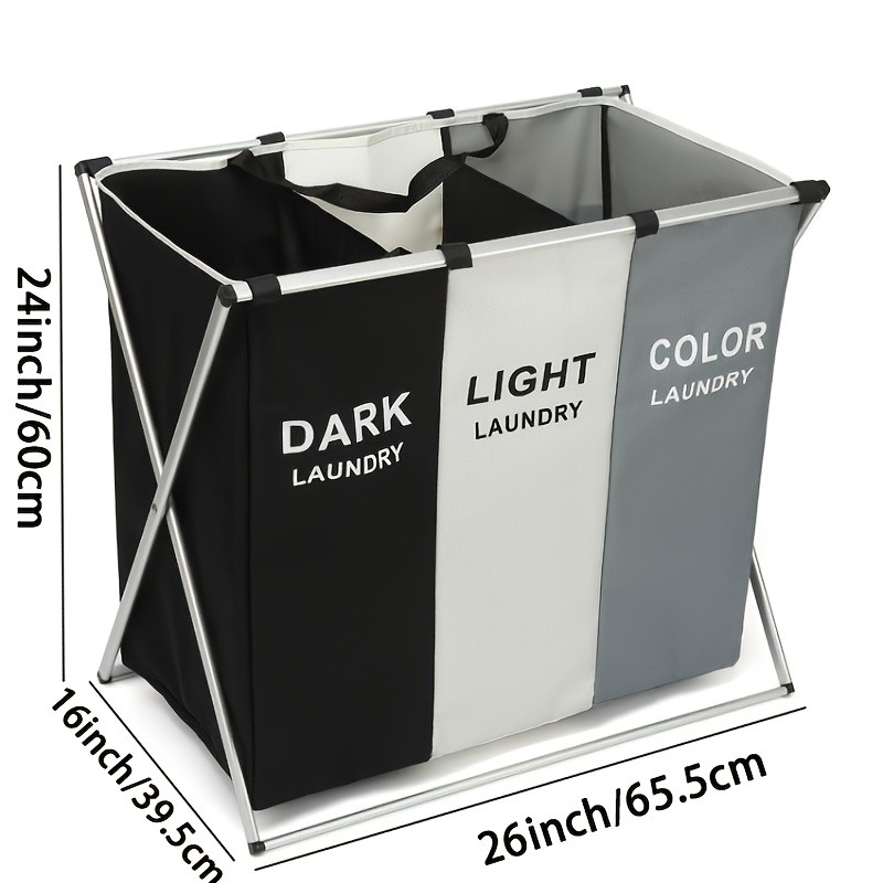 LONGKING 3-Compartment Folding Laundry Basket with Attached Bag