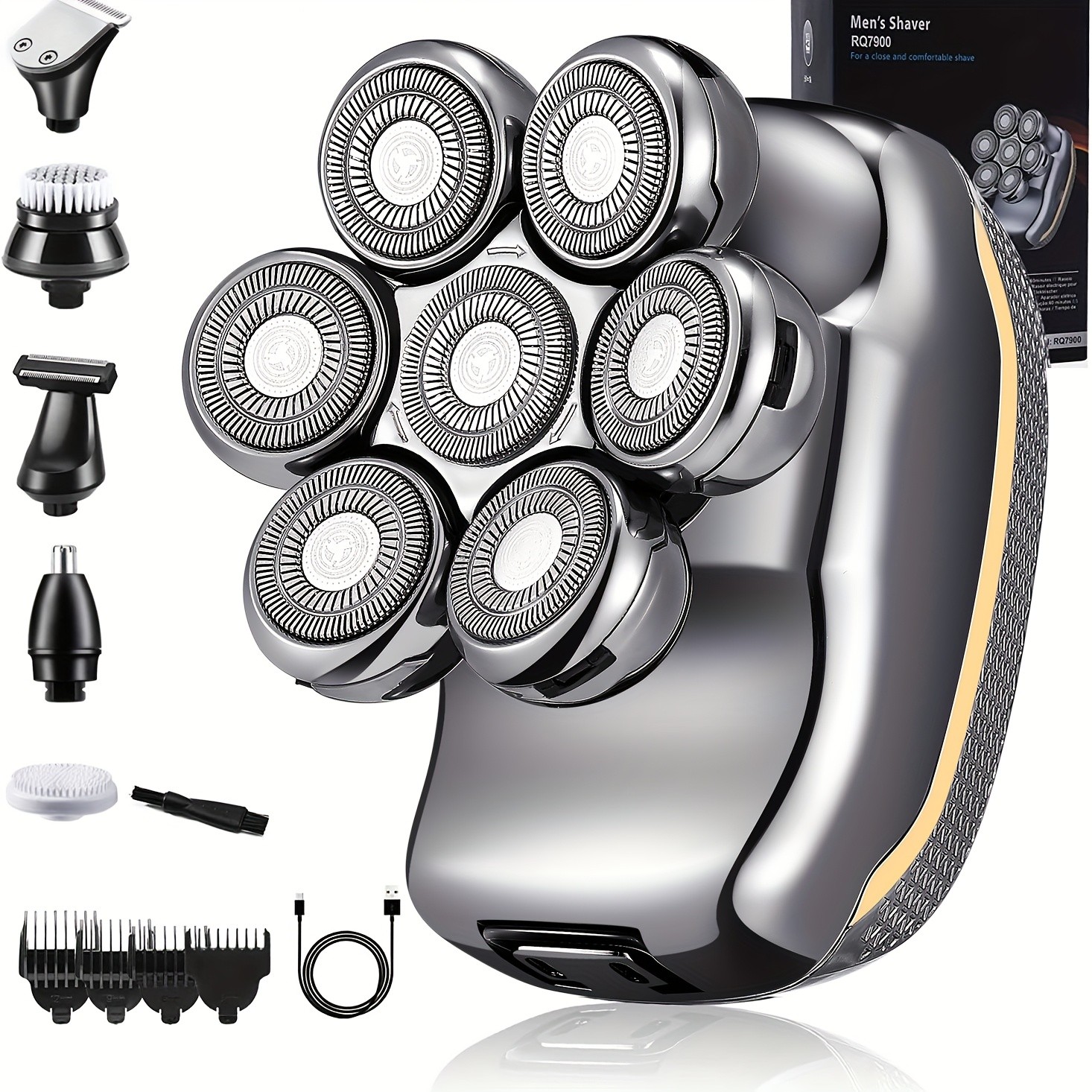 Mens Electronic Head Shaver Razor: 6-in-1 Rechargeable Grooming Kit for Bald Heads, Beards, and Body Hair