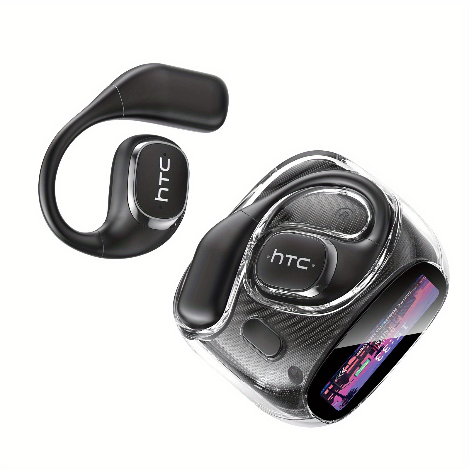 HTC NE11 Wireless Sports Earphones with LCD Smart Screen, Various Sound Effects, AI Intelligent Real-Time Translation, Wireless 6.0 Low Latency, Perfect for Gaming and Calls  Ear Hooks Never Fall Off, Comfortable and Stable Wearing, Suitable for Active L