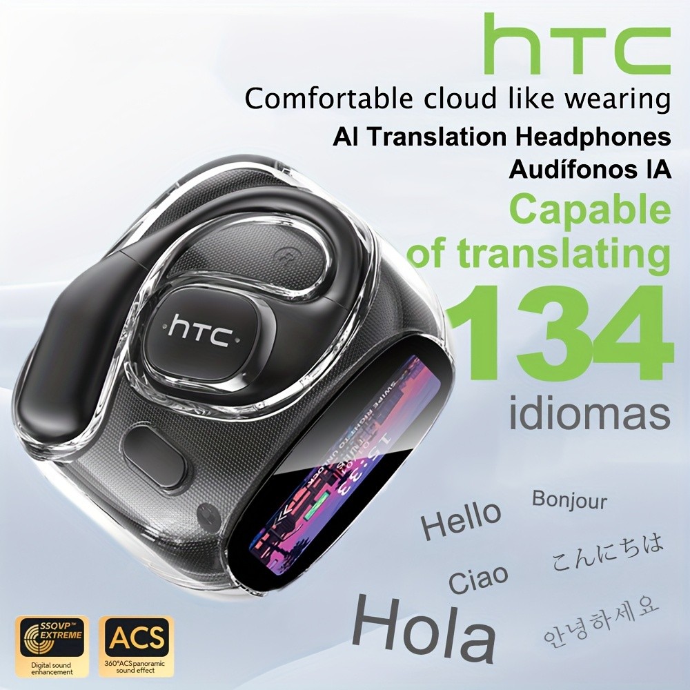HTC NE11 Wireless Sports Earphones with LCD Smart Screen, Various Sound Effects, AI Intelligent Real-Time Translation, Wireless 6.0 Low Latency, Perfect for Gaming and Calls  Ear Hooks Never Fall Off, Comfortable and Stable Wearing, Suitable for Active L