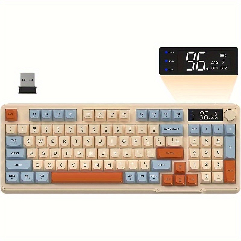 FREEWOLF M96 Wireless Membrane Gaming Keyboard Features a Knob for Controlling Wireless/2.4G Wireless Mechanical Feel, RGB LED Backlighting with Display Screen, PBT Keycaps, US Keyboard Layout, and Compatible with Win/Mac