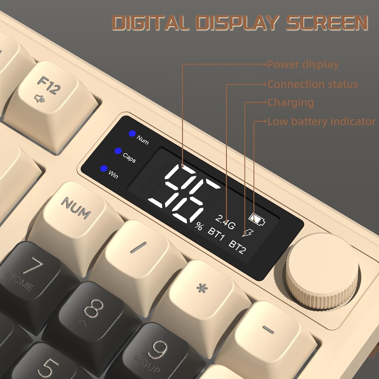 FREEWOLF M96 Wireless Membrane Gaming Keyboard Features a Knob for Controlling Wireless/2.4G Wireless Mechanical Feel, RGB LED Backlighting with Display Screen, PBT Keycaps, US Keyboard Layout, and Compatible with Win/Mac