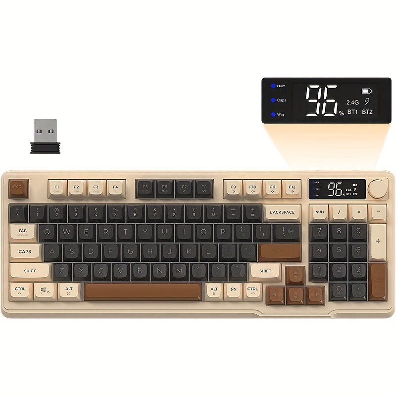 FREEWOLF M96 Wireless Membrane Gaming Keyboard Features a Knob for Controlling Wireless/2.4G Wireless Mechanical Feel, RGB LED Backlighting with Display Screen, PBT Keycaps, US Keyboard Layout, and Compatible with Win/Mac