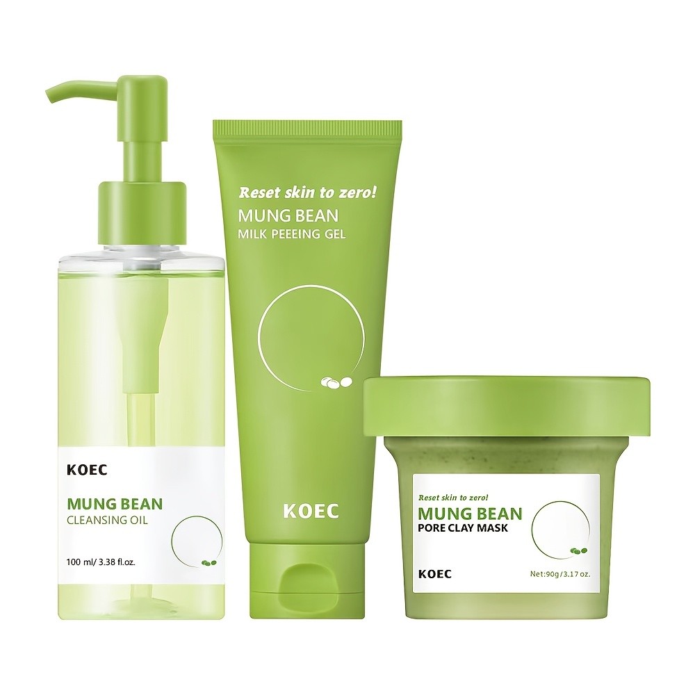 2  sets KOEC Mung Bean Skincare Set  Cleansing Oil + Milk Peeling Gel + Pore Clay Mask (3-Step Pore & Texture Routine)