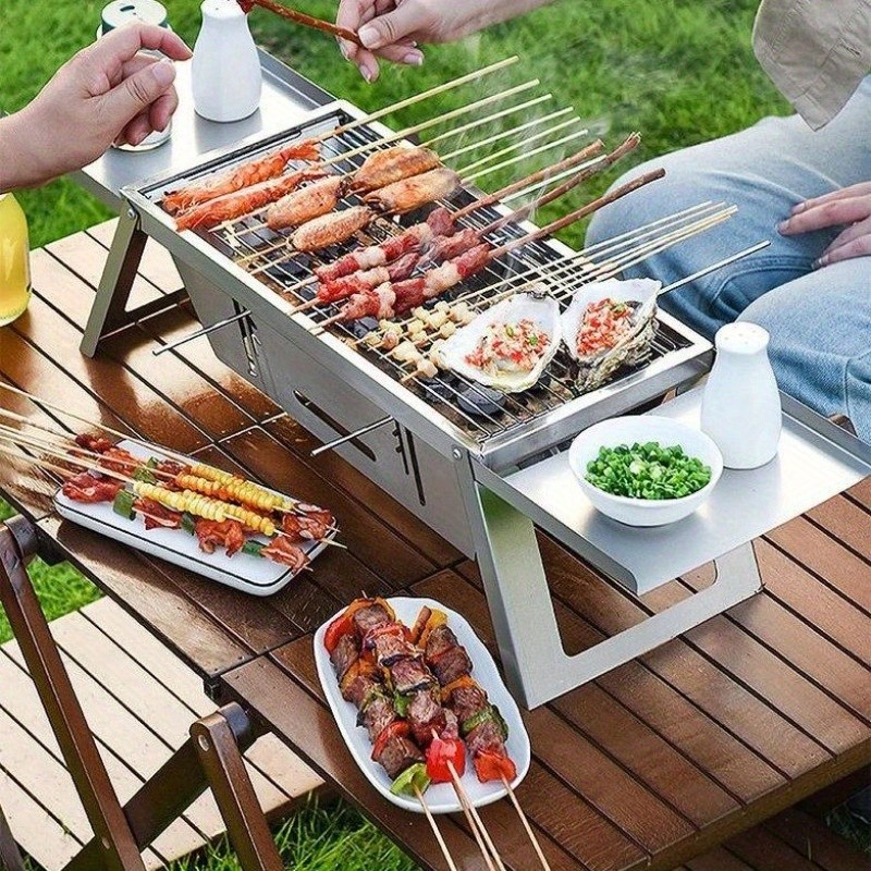 Portable Stainless Steel Charcoal Grill  Foldable, Polished Finish with Carry Bag