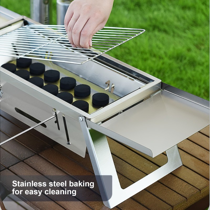 Portable Stainless Steel Charcoal Grill  Foldable, Polished Finish with Carry Bag